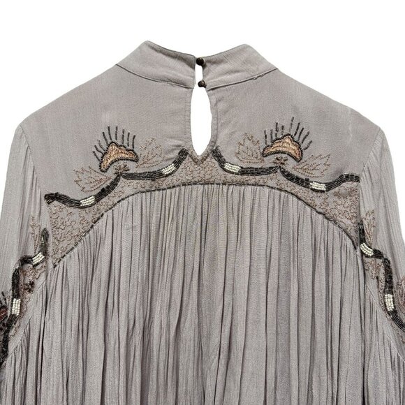 FREE PEOPLE Flowy Blouse XS Oversized Rayon Long Sleeve Boho Top Beaded Beige - Picture 4 of 14